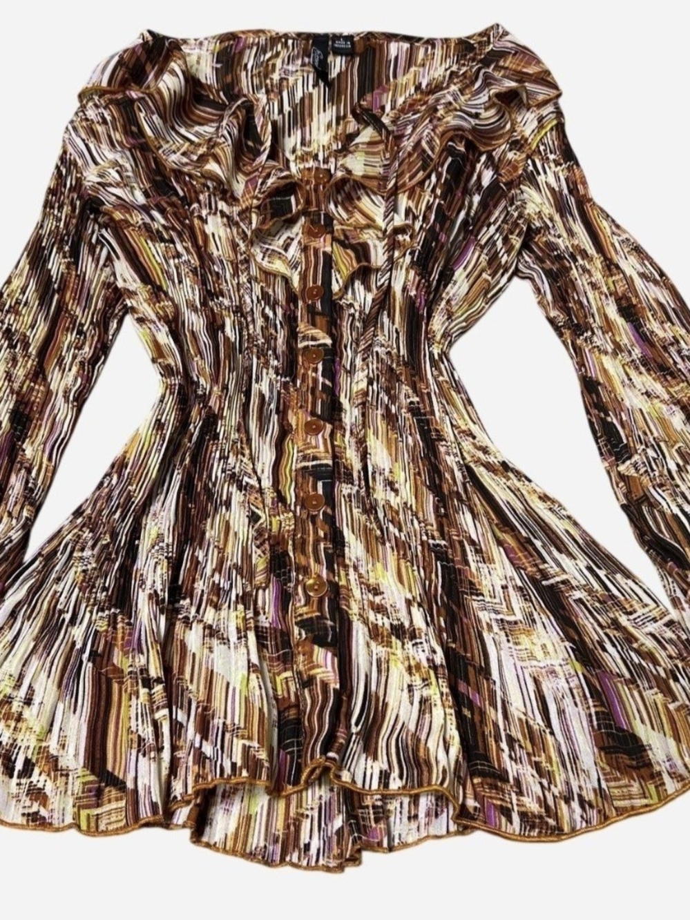 Whimsical Abstract Brown Multi-Stripe Ruffled Button-Front Blouse - Picture 2 of 5